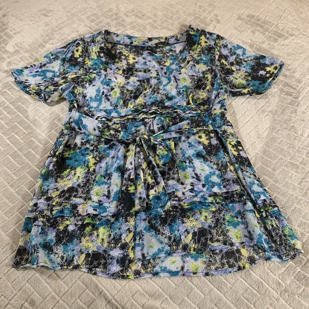 Essentials by Milano Womens Large Blouse Sheer Colorful Short Sleeve Bow Tie